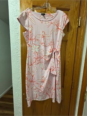 Talbots Pink Striped Midi Dress with Coral Floral Print